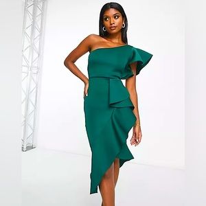 ASOS Green one shoulder ruffle midi dress